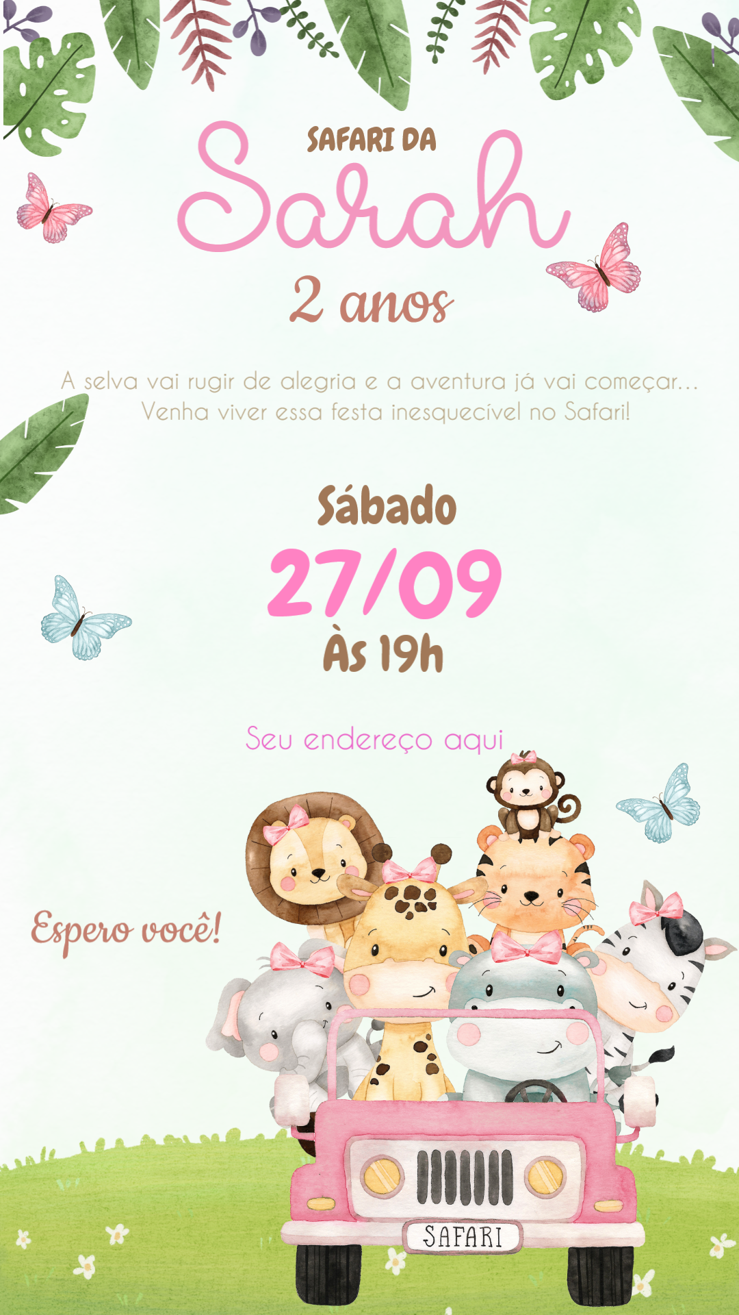 Convite Aniversário Safari Rosa com Animais para Editar Convite Aniversário Safari Rosa com Animais para Editar