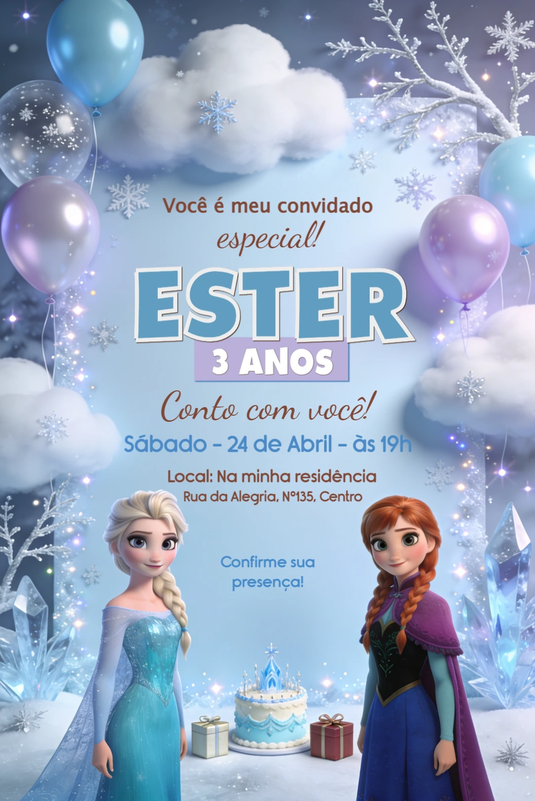 Convite de Aniversário Frozen Editável com Elsa e Anna Convite de Aniversário Frozen Editável com Elsa e Anna