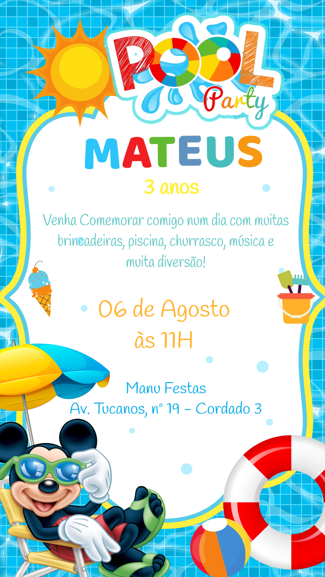 Convite Animado Aniversário Mickey Pool Party para Editar Online