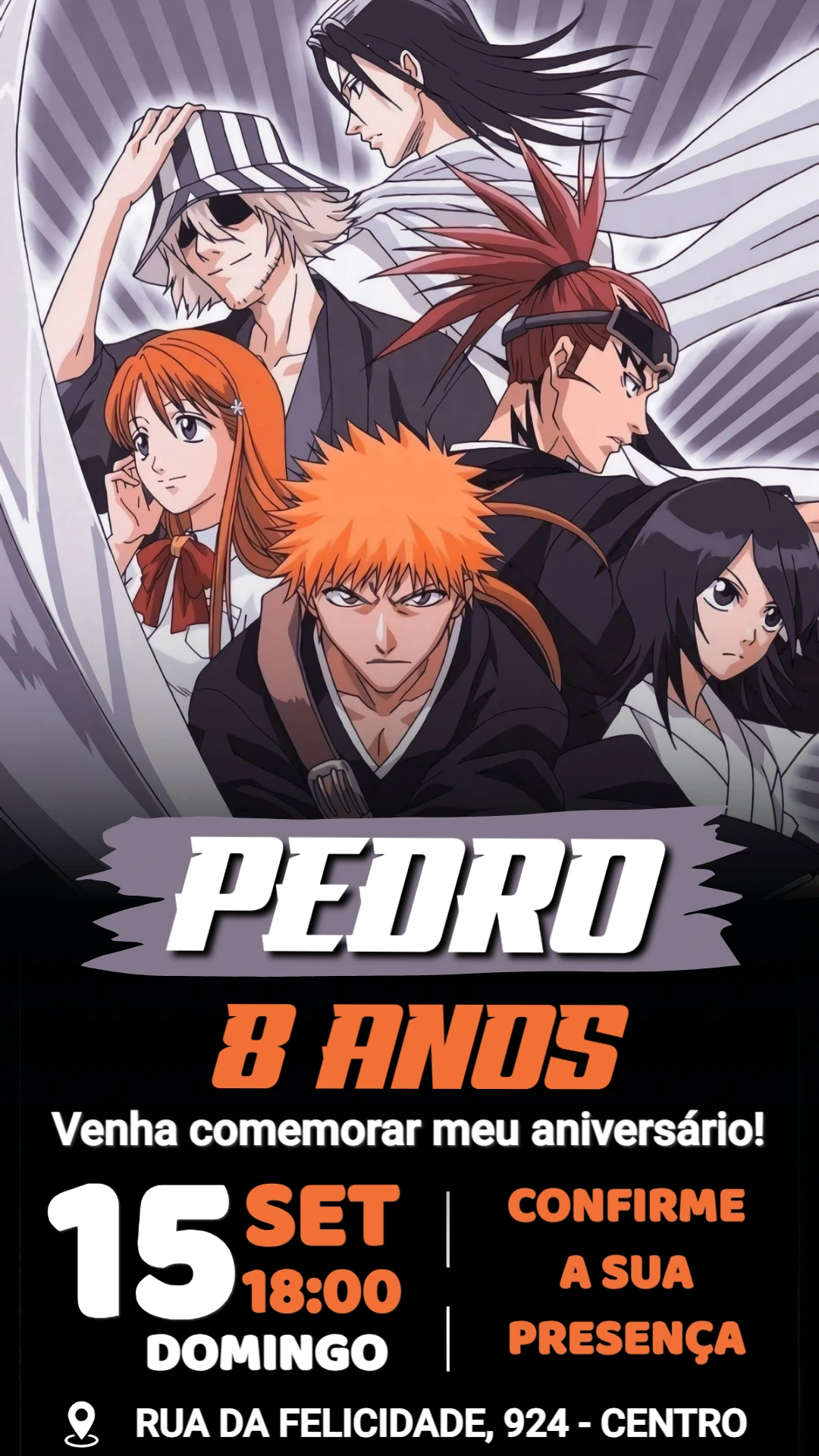 Convite de Aniversário Bleach | Modelo Digital Editável para Festa Convite de Aniversário Bleach | Modelo Digital Editável para Festa