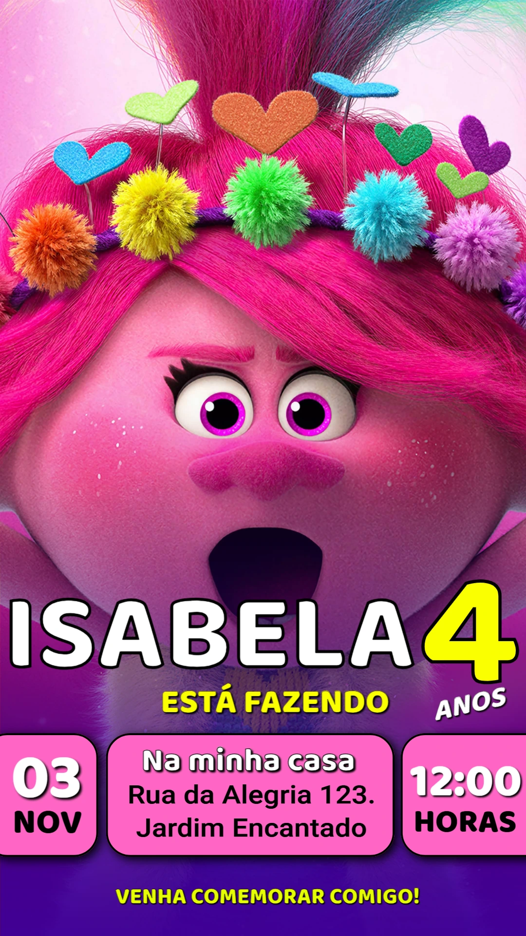 Convite de Aniversário da Poppy (Trolls) | Modelo Digital Editável Convite de Aniversário da Poppy (Trolls) | Modelo Digital Editável