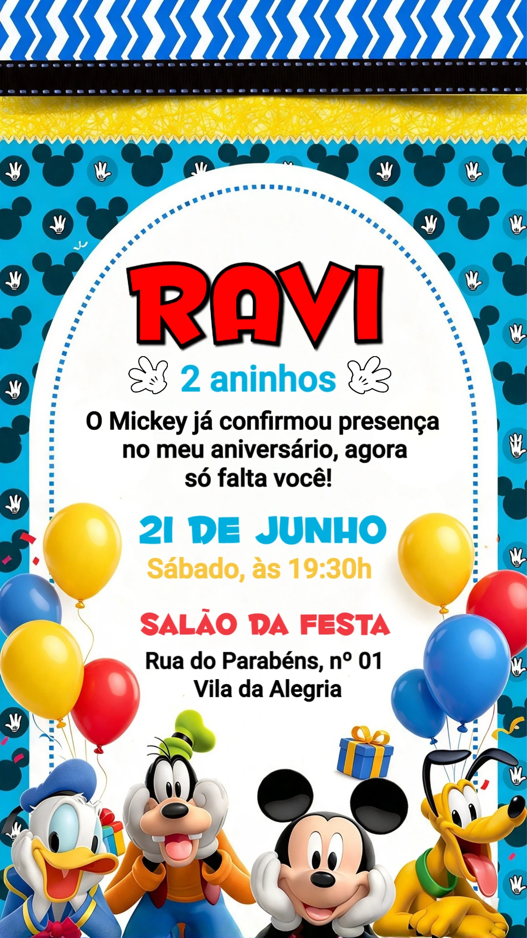 Convite de aniversário do Mickey e sua turma para editar online Convite de aniversário do Mickey e sua turma para editar online