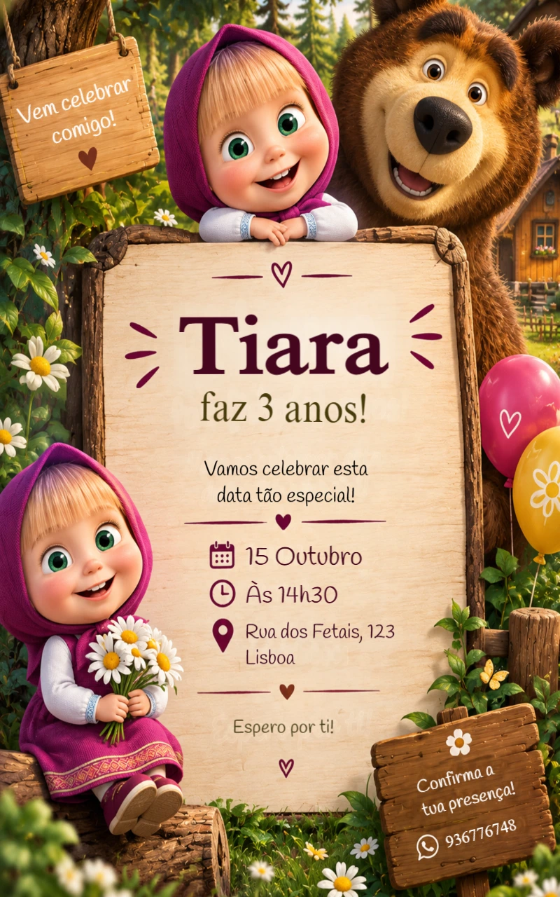 Convite de Aniversário Masha e o Urso para Menina Editável Convite de Aniversário Masha e o Urso para Menina Editável