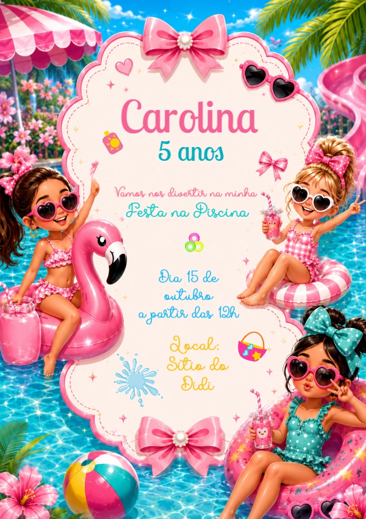 Convite Editável Aniversário Festa na Piscina Menina Convite Editável Aniversário Festa na Piscina Menina