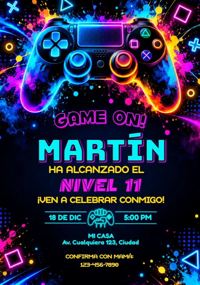 Invitación de Cumpleaños Gamer Neón | Plantilla Editable Invitación de Cumpleaños Gamer Neón | Plantilla Editable