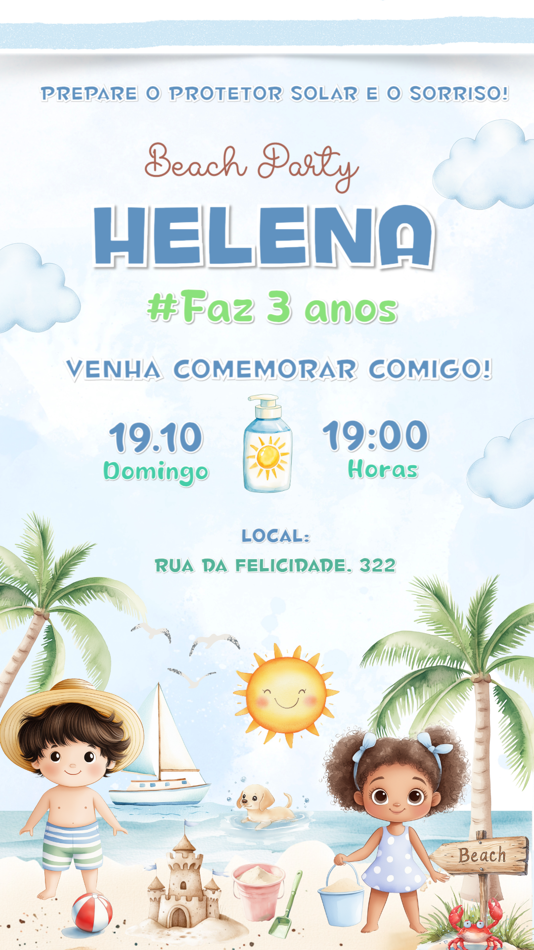 Convite Aniversário Praia Infantil com Crianças para Editar Online Convite Aniversário Praia Infantil com Crianças para Editar Online