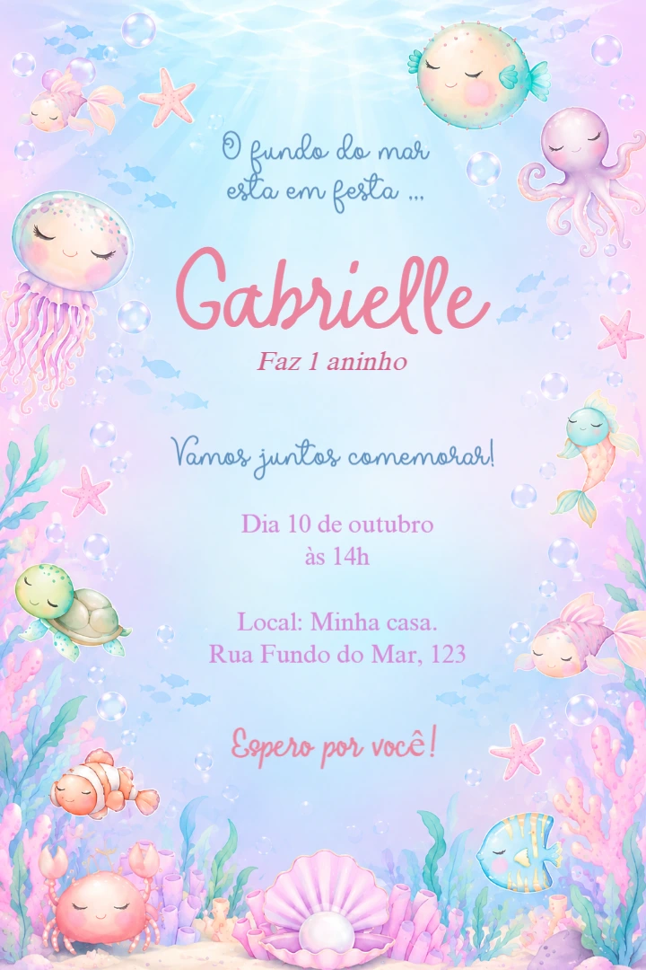 Convite Fundo do Mar Feminino Editável para Aniversário Convite Fundo do Mar Feminino Editável para Aniversário