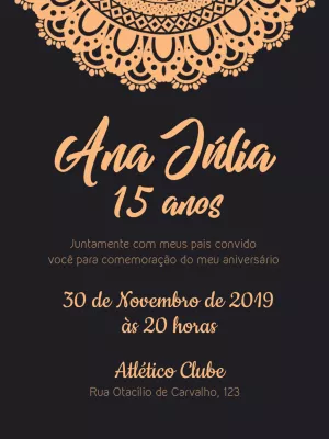 Convite Aniversário de 15 anos mandalas - Preto e bege