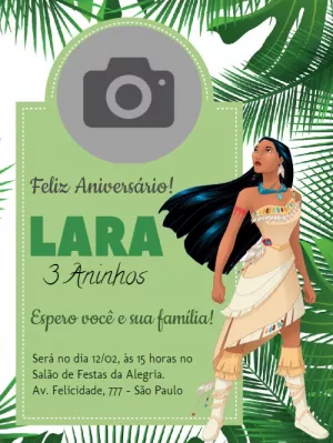 Convite de aniversário pocahontas com foto