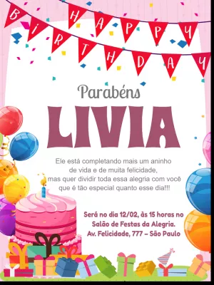 Convite feliz aniversário rosa menina