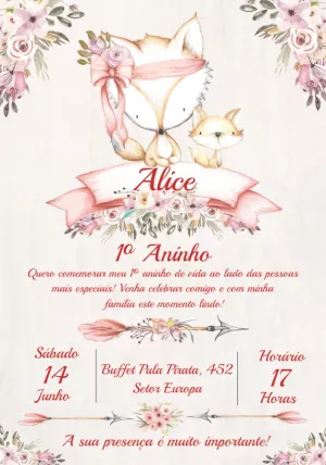 Convite aniversário Raposinha Aquarela