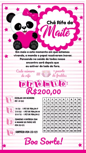 Convite chá rifa Panda Menina