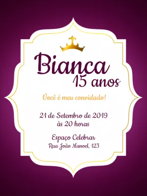 Convite de aniversário 15 anos coroa princesa - Roxo e dourado