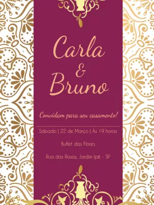 Convite de casamento arabescos - Magenta e dourado