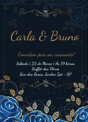 Convite de casamento floral - azul e dourado
