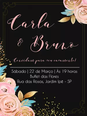 Convite de casamento floral - preto e rosa