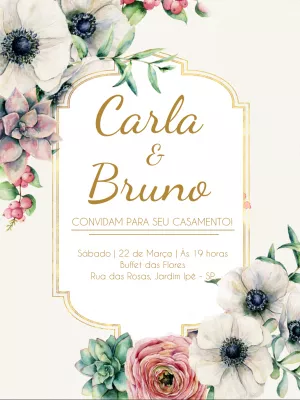 Convite de casamento floral - Branco e dourado