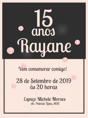 Convite de aniversário de 15 anos Elegante - Preto,branco e rosa