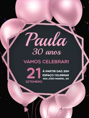 Convite de aniversário feminino balão rosê - Preto e rosa