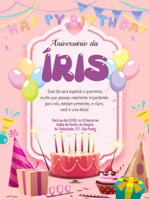 Convite de feliz aniversário menina - Rosa
