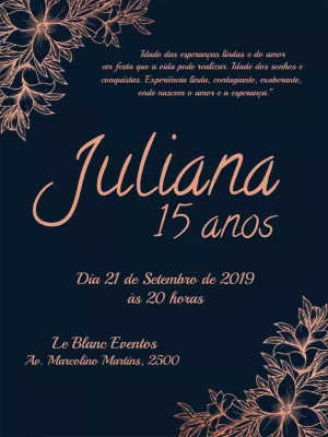 Convite Aniversário de 15 anos minimalista floral - Azul e dourado