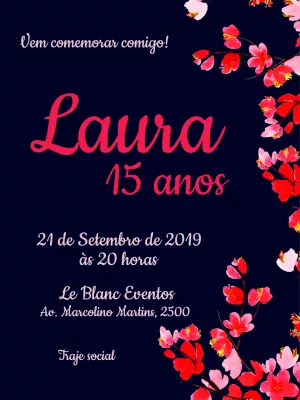 Convite aniversário de 15 Anos floral - Azul e rosa