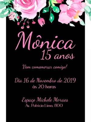 Convite Aniversário de 15 anos floral - Preto e rosa