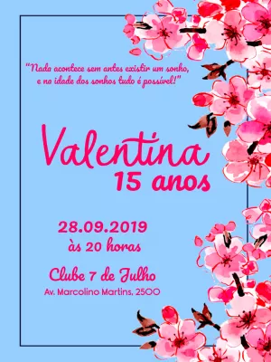 Convite Aniversário 15 anos floral - Azul e rosa