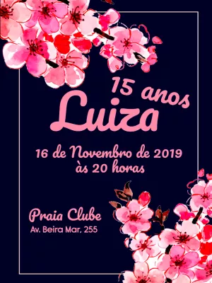 Convite Aniversário de 15 anos Florido - Azul marinho e rosa