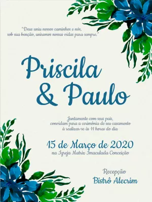Convite casamento floral - Branco e azul
