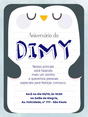 Convite de Aniversário Pinguim - Azul