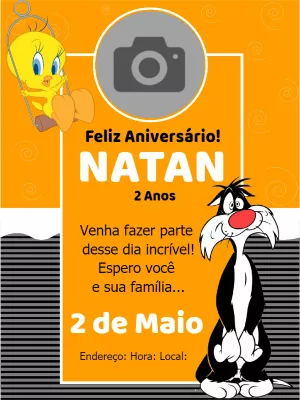 Convite de aniversário Piu Piu e Frajola com foto