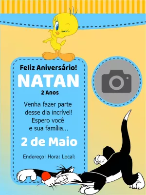 Convite de aniversário Piu Piu e Frajola com foto