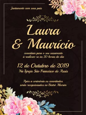 Convite casamento floral - Preto e dourado