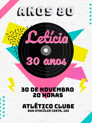 Convite de aniversário feminino Retrô anos 80