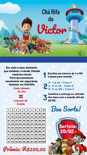 Convite chá rifa Patrulha Canina