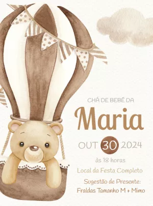 Convite chá de bebê Ursinho Baloeira