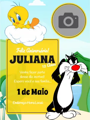 Convite de aniversário Piu Piu e Frajola com foto