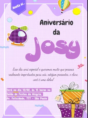 Convite aniversário infantil - Helicóptero lilás