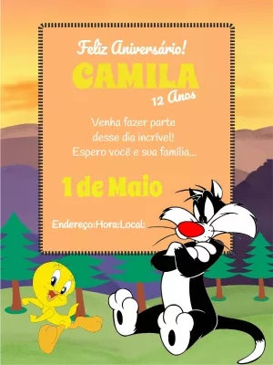 Convite de aniversário Piu Piu e Frajola com foto