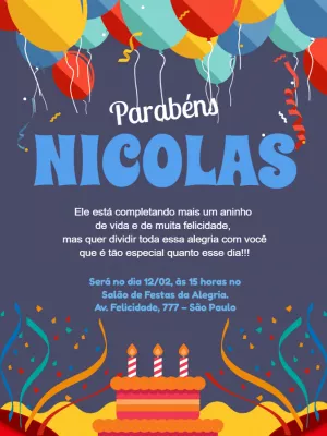 Convite feliz aniversário Balõees - Azul