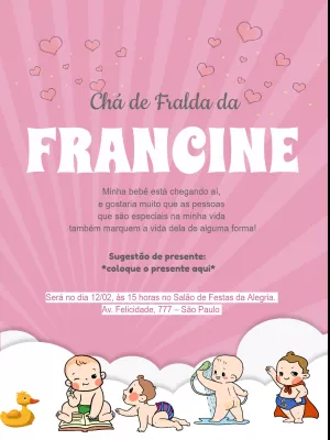 Convite chá de fraldas rosa bebê - Menina