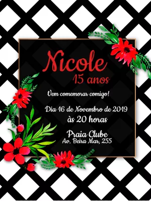 Convite aniversário floral 15 anos - preto,branco e vermelho