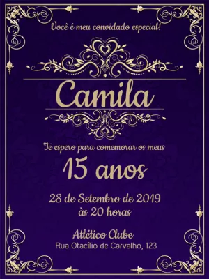 Convite aniversário 15 anos - Azul com arabescos dourados