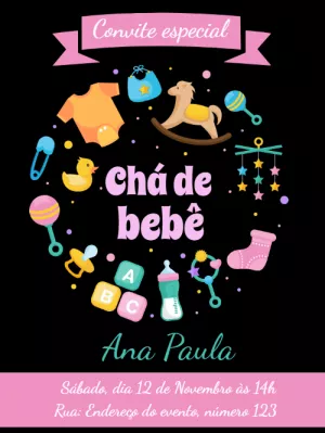 Convite chá de bebê brinquedos infantis - Preto e rosa