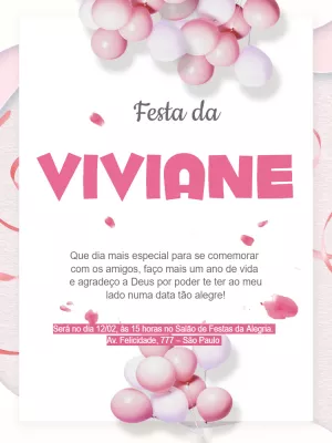 Convite aniversário balões - Rosa e branco