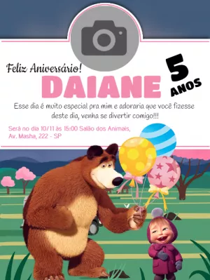 Convite de aniversário Masha e o Urso com foto