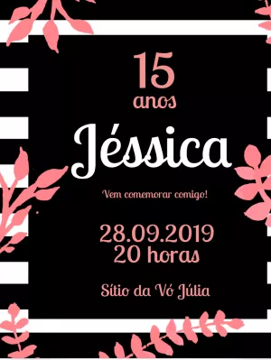 Convite aniversário floral 15 anos - Preto e branco