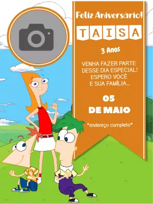 Convite de aniversário Phineas e Ferb com foto