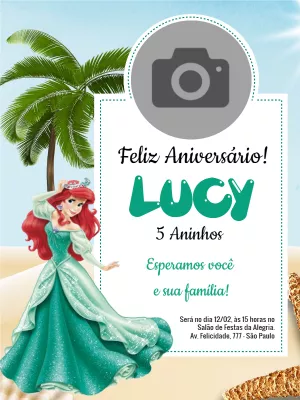 Convite de aniversário Ariel pequena sereia com foto